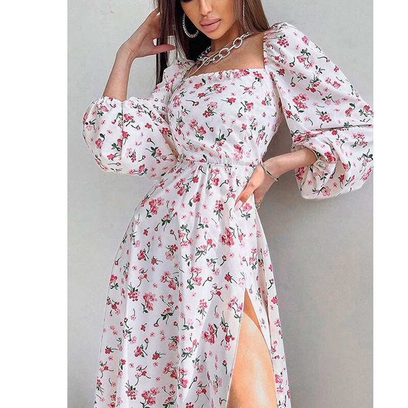 Elegant Women's Sexy Dresses Full Sleeve Open Back 2023 Summer Floral Lace Up Hollow Out Split Dress Female Robe S-XXXL