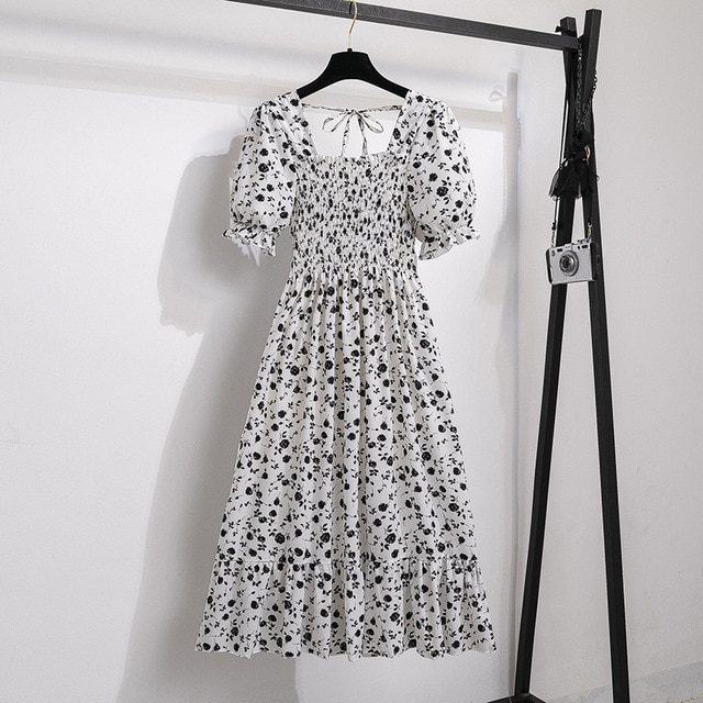 2023 Summer Women Print Dresses Short Sleeve Pleated Casual Beach Square Collar Elastic Waist Bohemian Woman Midi Dress Vestidos