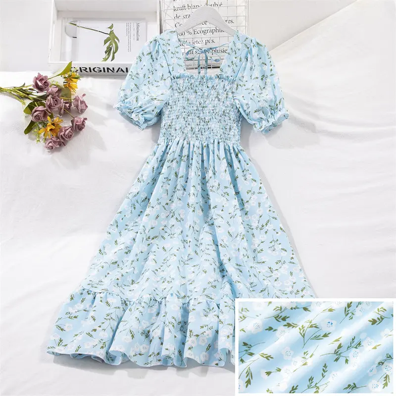 2023 Summer Women Print Dresses Short Sleeve Pleated Casual Beach Square Collar Elastic Waist Bohemian Woman Midi Dress Vestidos