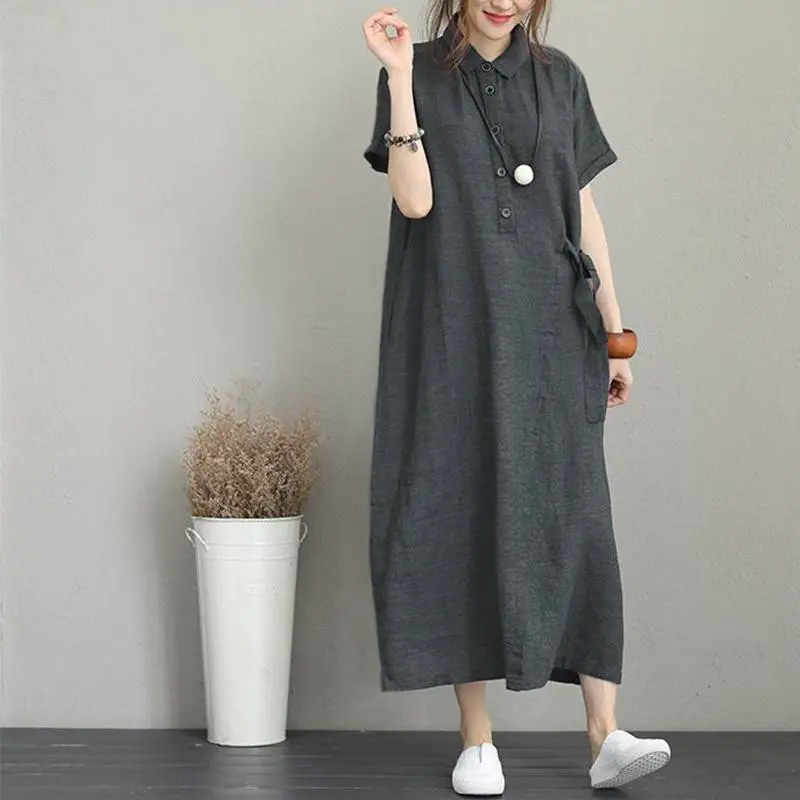 Women Cotton Linen Pocket Dress Korean O-Neck Short Sleeve Loose Solid Midi Dresses AQJ-01