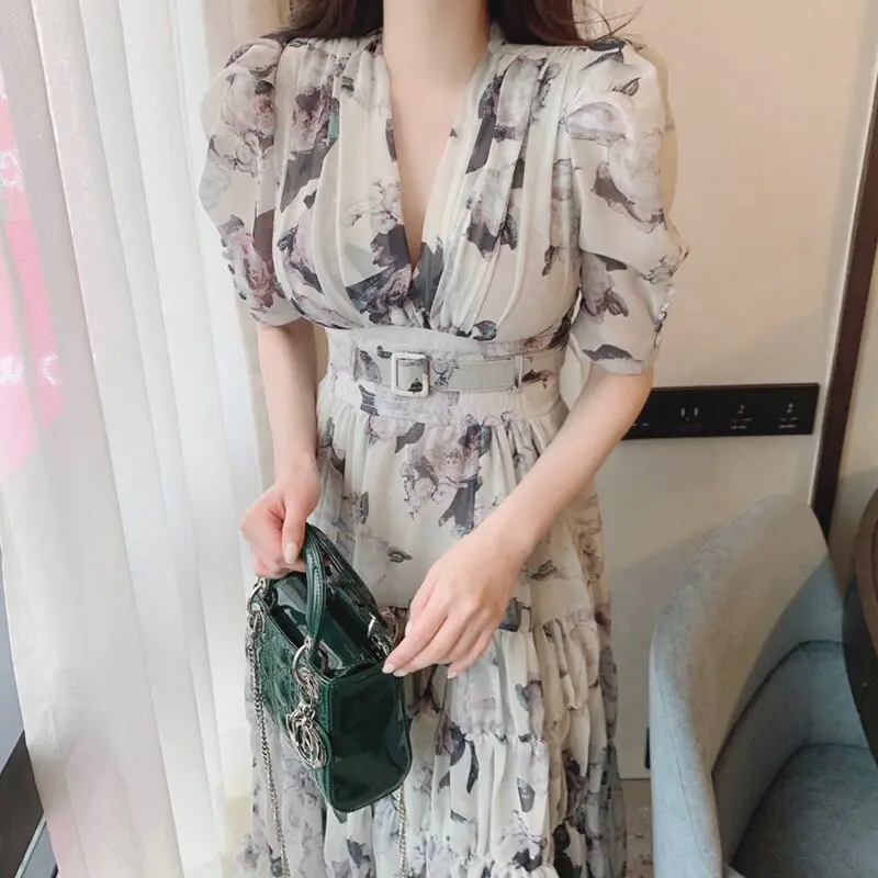 Chic Pink Flora Printed Elegant Dress Women 2023 Summer with Belt Dresses Ladies Clothing Vintage Business Elegant Vestido