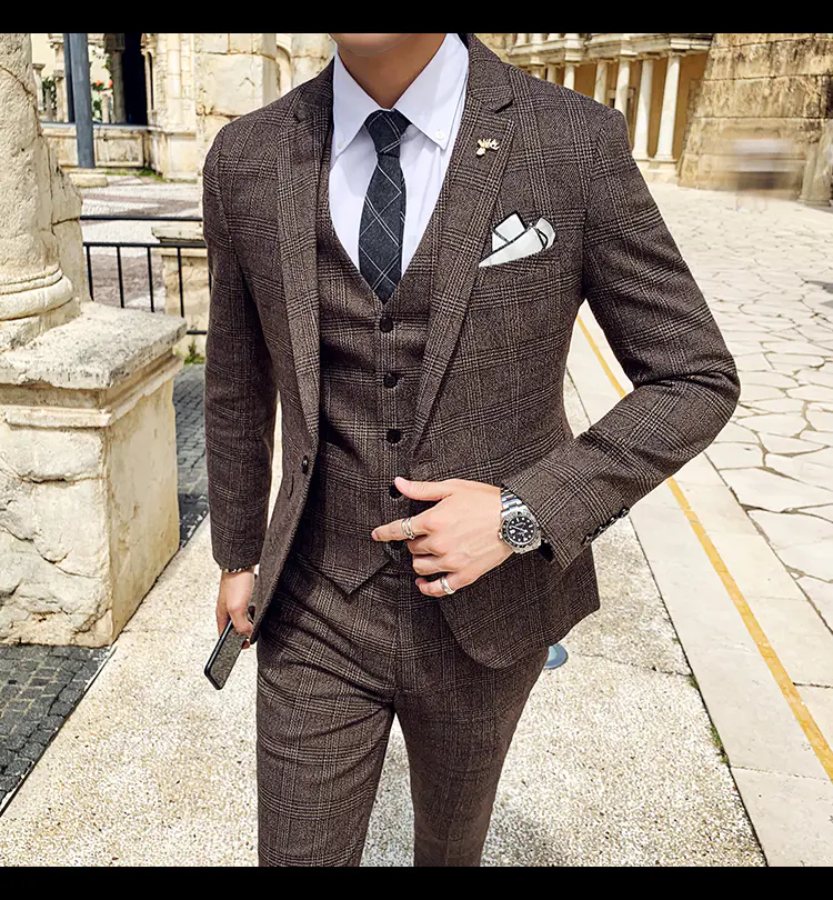 Men's Suit Jacket Vest Pants Fashion Boutique Plaid Casual Business Male Groom Wedding Tuxedo Dress 3 Pieces Set Blazers Coat