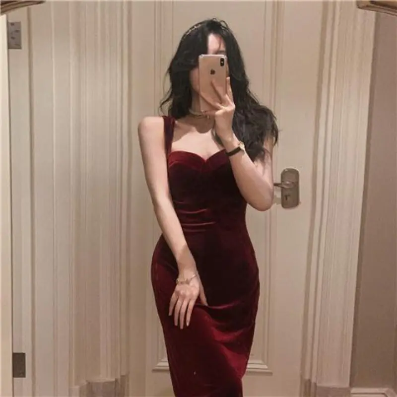 HOUZHOU Red Skims Slip Prom Dress for Women Chic Elegant Vintage Party Evening Dresses Corset Backless Korean Fashion Aesthetic