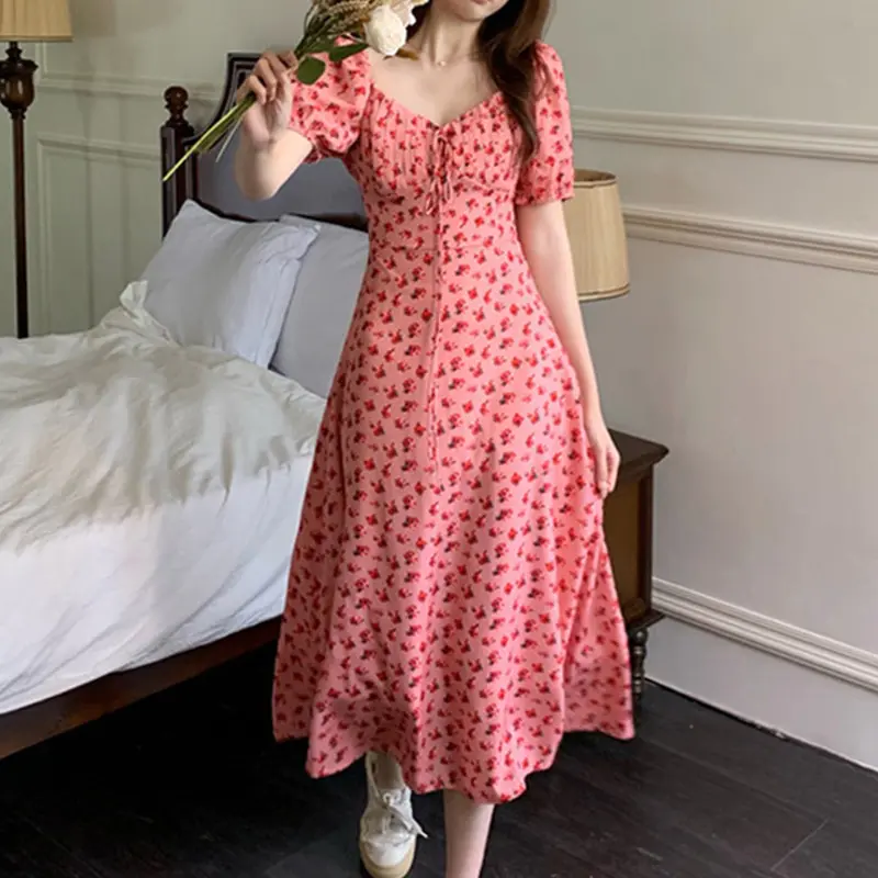 Korean Midi Summer Dress QMilch Elegant Yellow Floral Print Dresses for Women 2023 Casual Vestidos para mujer