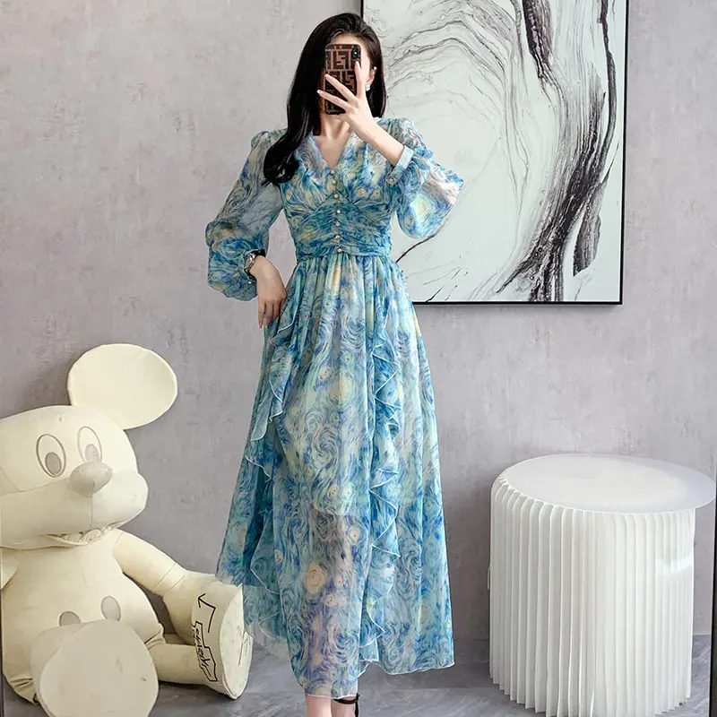 Elegant Party Long Dresses for Women Vintage Painting Artistic Van Gogh Print Ruffles Chiffon High Waist A Line Casual Robes