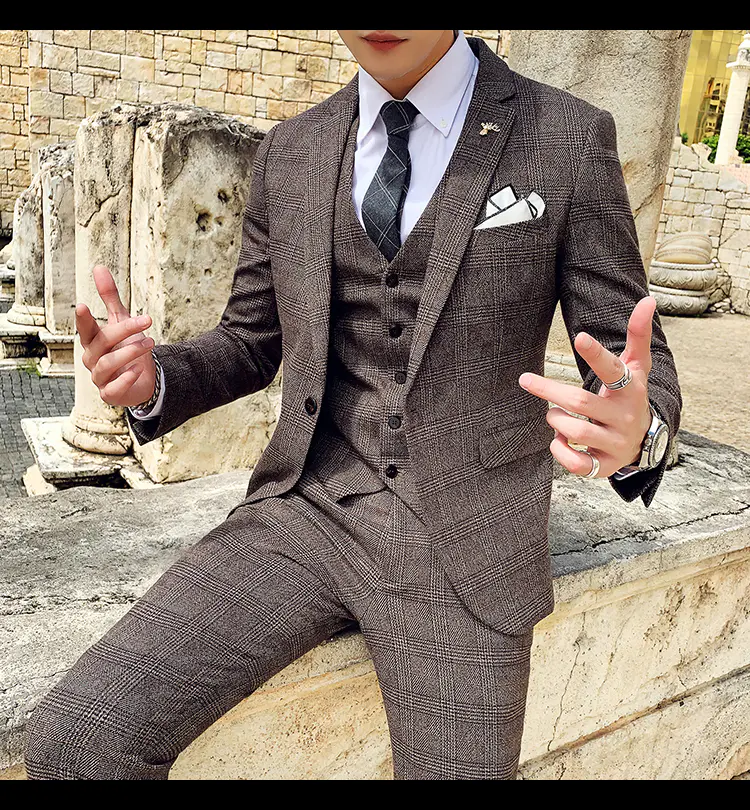 Men's Suit Jacket Vest Pants Fashion Boutique Plaid Casual Business Male Groom Wedding Tuxedo Dress 3 Pieces Set Blazers Coat