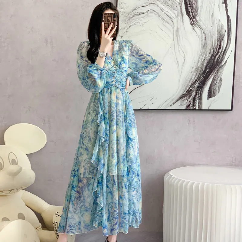 Elegant Party Long Dresses for Women Vintage Painting Artistic Van Gogh Print Ruffles Chiffon High Waist A Line Casual Robes