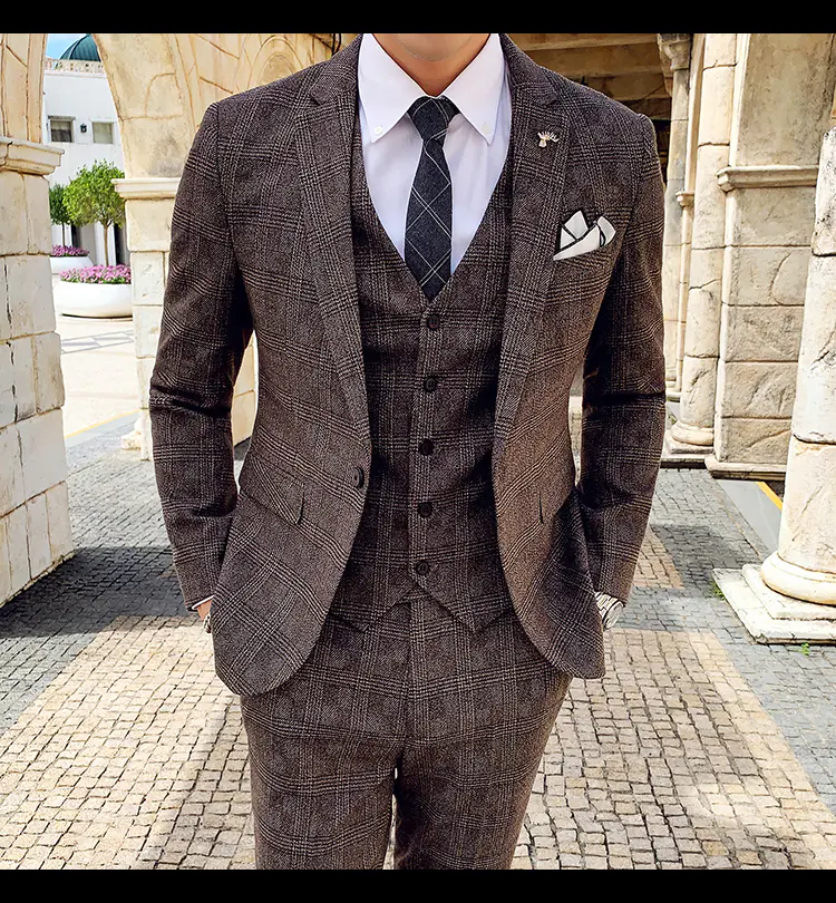 Men's Suit Jacket Vest Pants Fashion Boutique Plaid Casual Business Male Groom Wedding Tuxedo Dress 3 Pieces Set Blazers Coat