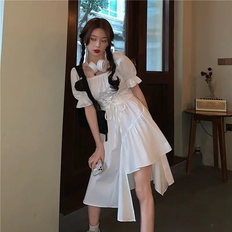 2023 New Arrivals Short Sleeve Fashion Dress Women Y2k Fairy Party Dresses Summer Midi Dress White Black Clothing Vestidos 19482