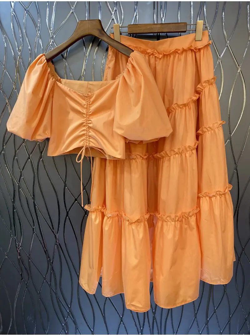 Crop Sets 2023 Summer Fashion 2 Piece Sets High Quality Clothing Set Ladies Drawstring Waist Crop Tops+Long Maxi Skirt Suits