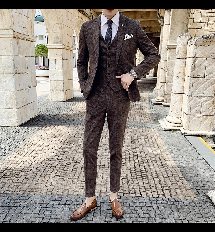 Men's Suit Jacket Vest Pants Fashion Boutique Plaid Casual Business Male Groom Wedding Tuxedo Dress 3 Pieces Set Blazers Coat