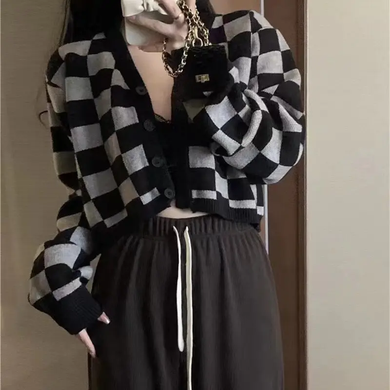 Autumn Winter Women Classic Checkerboard Knit Cropped Cardigan Sweater Femme Korean Fashion Vintage Pull Knitwears Tops Clothing