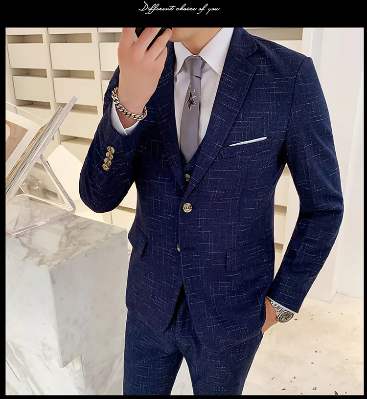 Men's Suit Jacket Vest Pants Fashion Boutique Plaid Casual Business Male Groom Wedding Tuxedo Dress 3 Pieces Set Blazers Coat