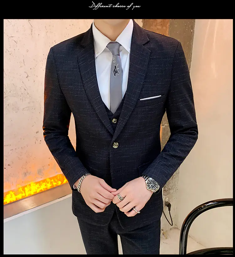 Men's Suit Jacket Vest Pants Fashion Boutique Plaid Casual Business Male Groom Wedding Tuxedo Dress 3 Pieces Set Blazers Coat
