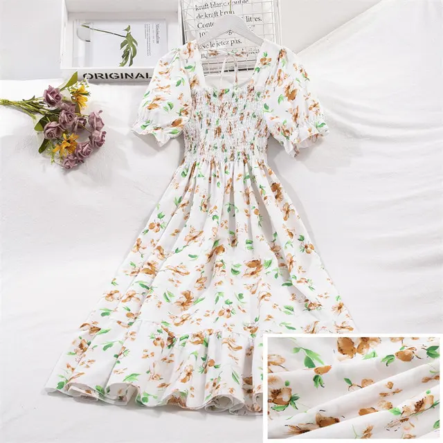 2023 Summer Women Print Dresses Short Sleeve Pleated Casual Beach Square Collar Elastic Waist Bohemian Woman Midi Dress Vestidos