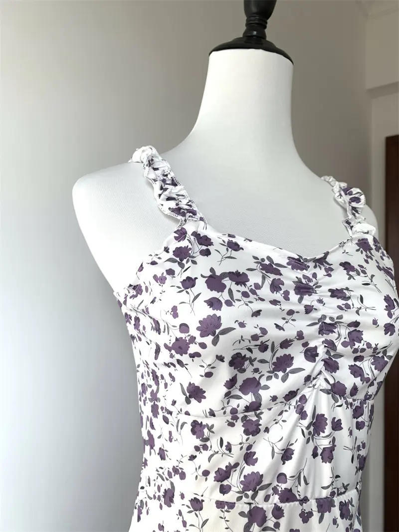 Sexy Spaghetti Straps Summer Mini Dress Women Ruffle Purple Floral Print Beach Sundress Party Wedding Vacation Vestidos платье