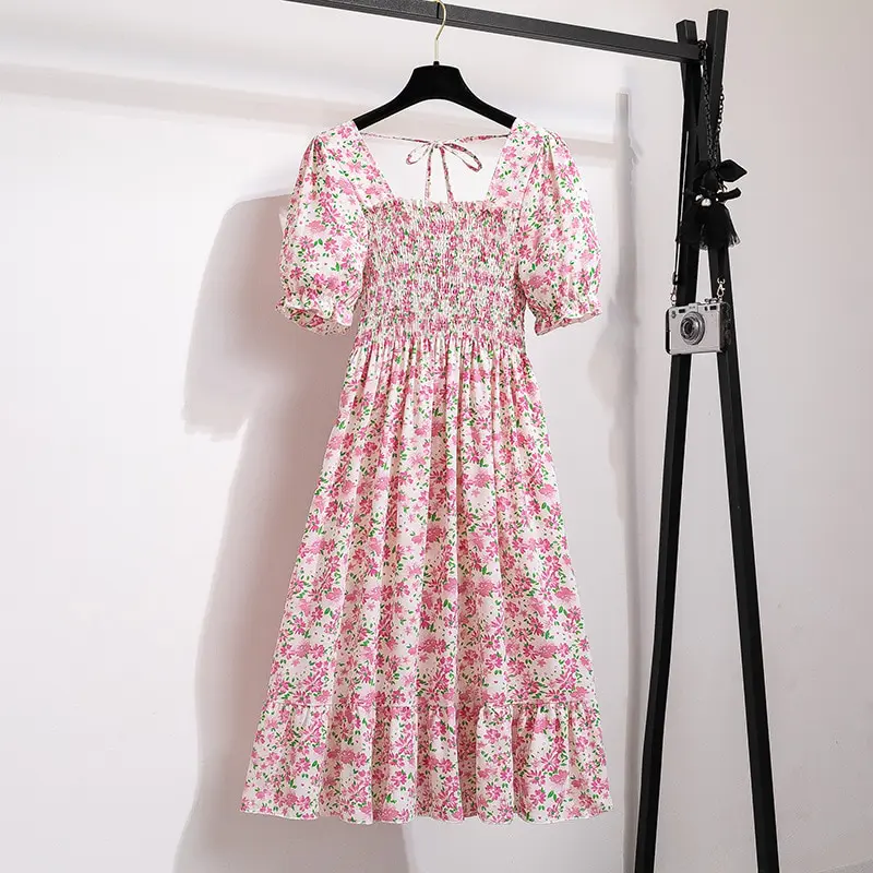 2023 Summer Women Print Dresses Short Sleeve Pleated Casual Beach Square Collar Elastic Waist Bohemian Woman Midi Dress Vestidos
