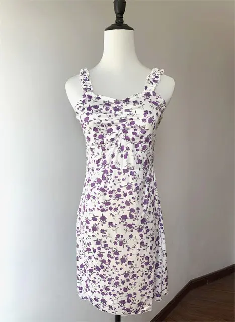 Sexy Spaghetti Straps Summer Mini Dress Women Ruffle Purple Floral Print Beach Sundress Party Wedding Vacation Vestidos платье