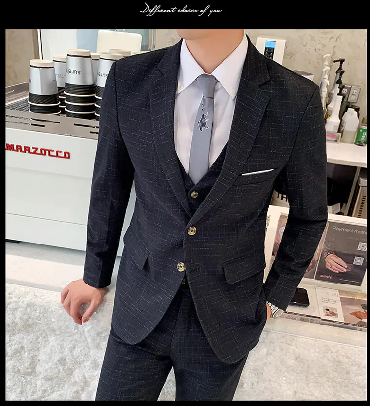 Men's Suit Jacket Vest Pants Fashion Boutique Plaid Casual Business Male Groom Wedding Tuxedo Dress 3 Pieces Set Blazers Coat