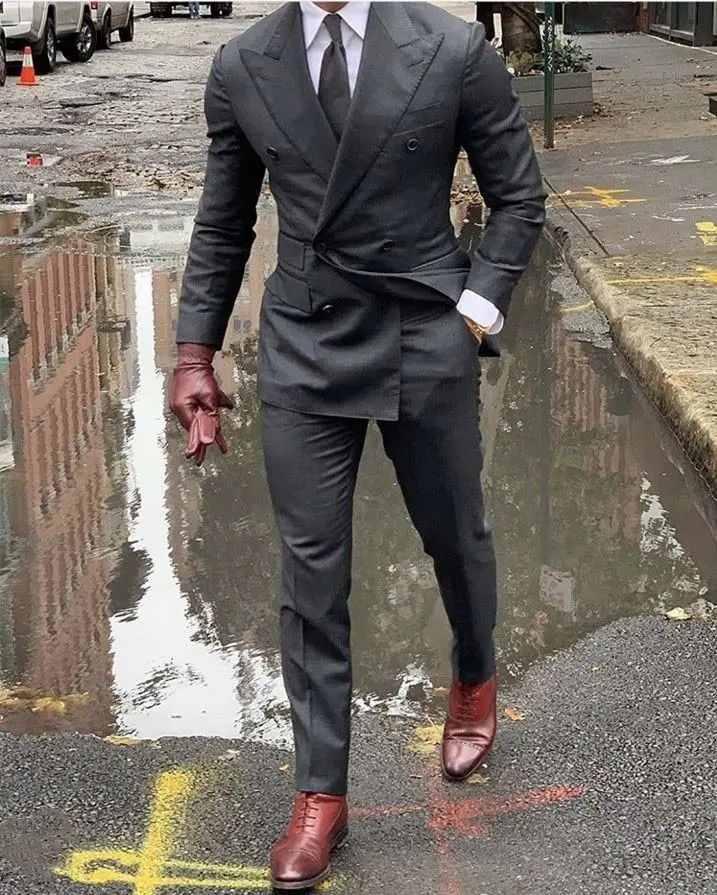 Double Breasted Grey Wedding Suit Prom Men Suit Groom Tuxedo Man Blazer Latest Design Costume Homme Men's Suit 2 Pcs Jacket Pant