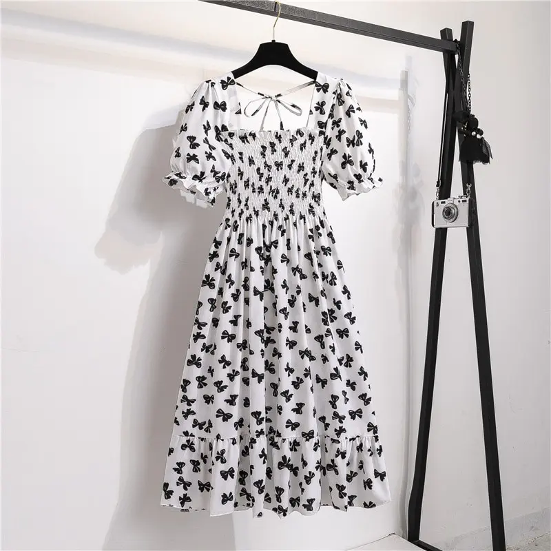 2023 Summer Women Print Dresses Short Sleeve Pleated Casual Beach Square Collar Elastic Waist Bohemian Woman Midi Dress Vestidos