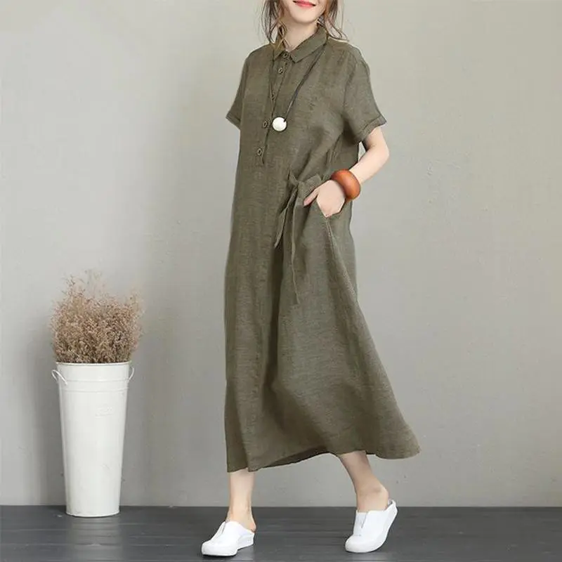 Women Cotton Linen Pocket Dress Korean O-Neck Short Sleeve Loose Solid Midi Dresses AQJ-01