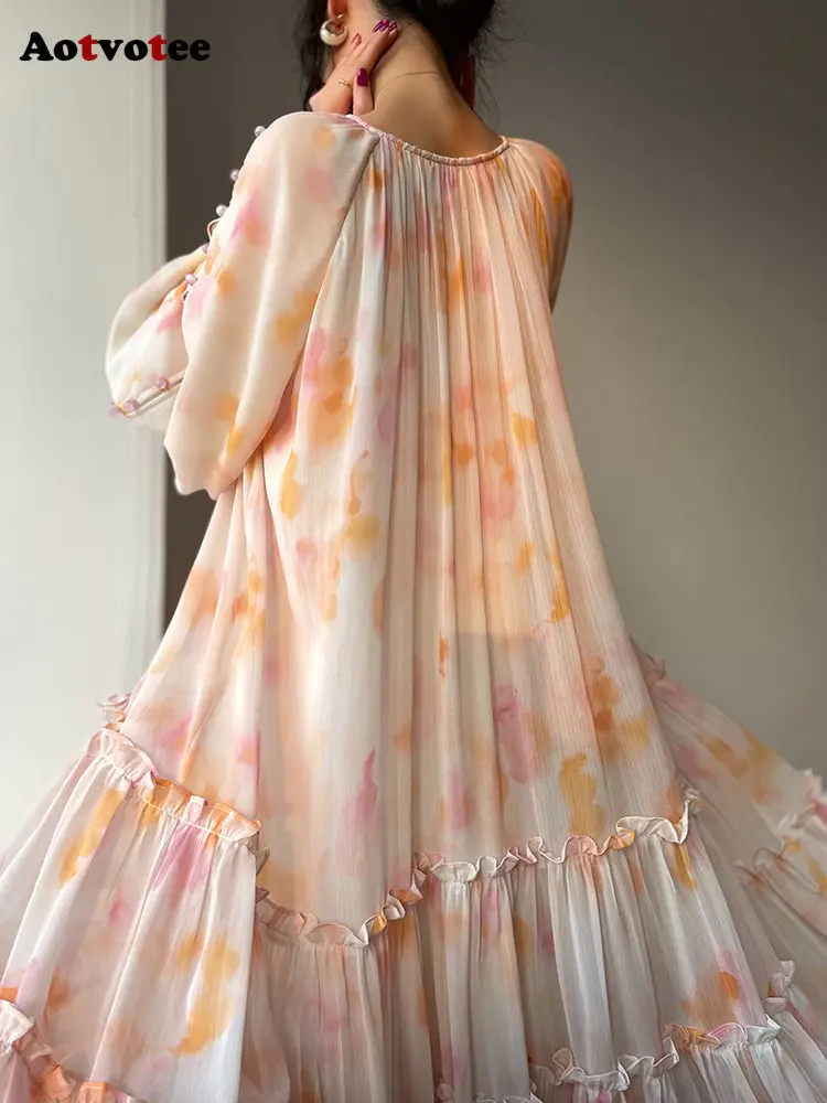 Long Dresses for Women 2023 New Fashion Spring Summer Print Sweet O Neck French Style Elegant Dress Lantern Sleeve Midi Dress