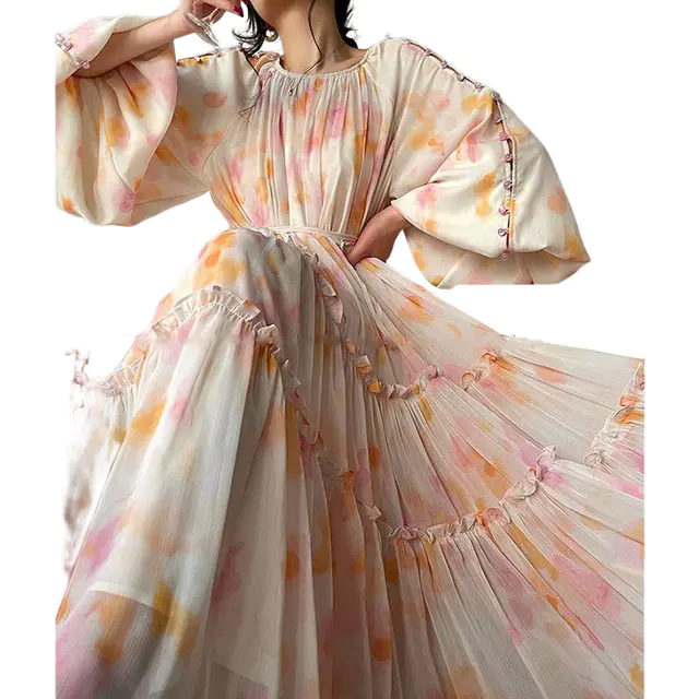 Long Dresses for Women 2023 New Fashion Spring Summer Print Sweet O Neck French Style Elegant Dress Lantern Sleeve Midi Dress