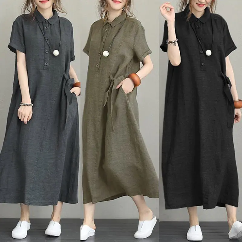Women Cotton Linen Pocket Dress Korean O-Neck Short Sleeve Loose Solid Midi Dresses AQJ-01