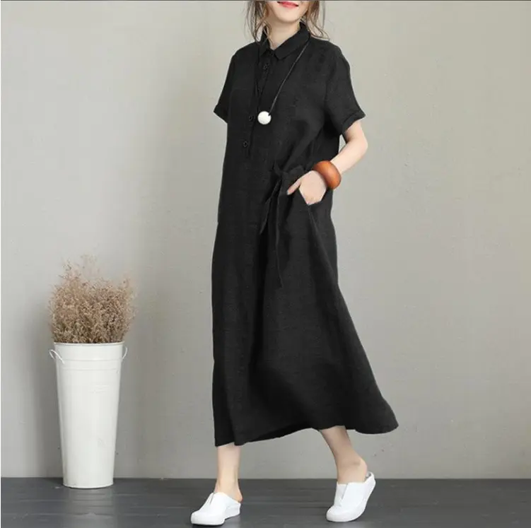 Women Cotton Linen Pocket Dress Korean O-Neck Short Sleeve Loose Solid Midi Dresses AQJ-01