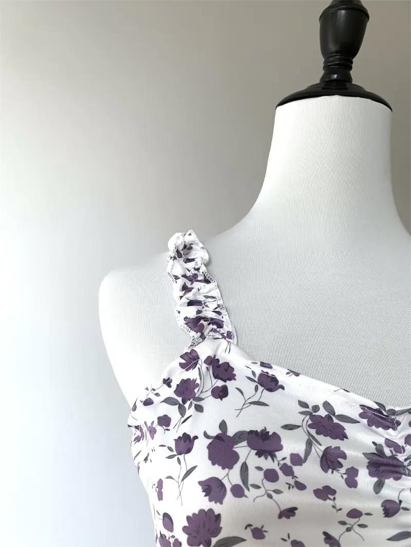 Sexy Spaghetti Straps Summer Mini Dress Women Ruffle Purple Floral Print Beach Sundress Party Wedding Vacation Vestidos платье