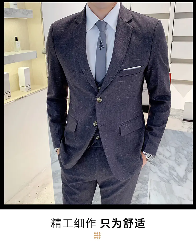 Men's Suit Jacket Vest Pants Fashion Boutique Plaid Casual Business Male Groom Wedding Tuxedo Dress 3 Pieces Set Blazers Coat