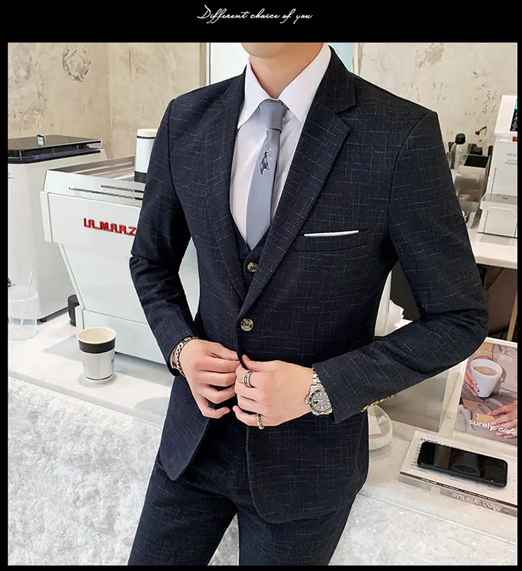 Men's Suit Jacket Vest Pants Fashion Boutique Plaid Casual Business Male Groom Wedding Tuxedo Dress 3 Pieces Set Blazers Coat