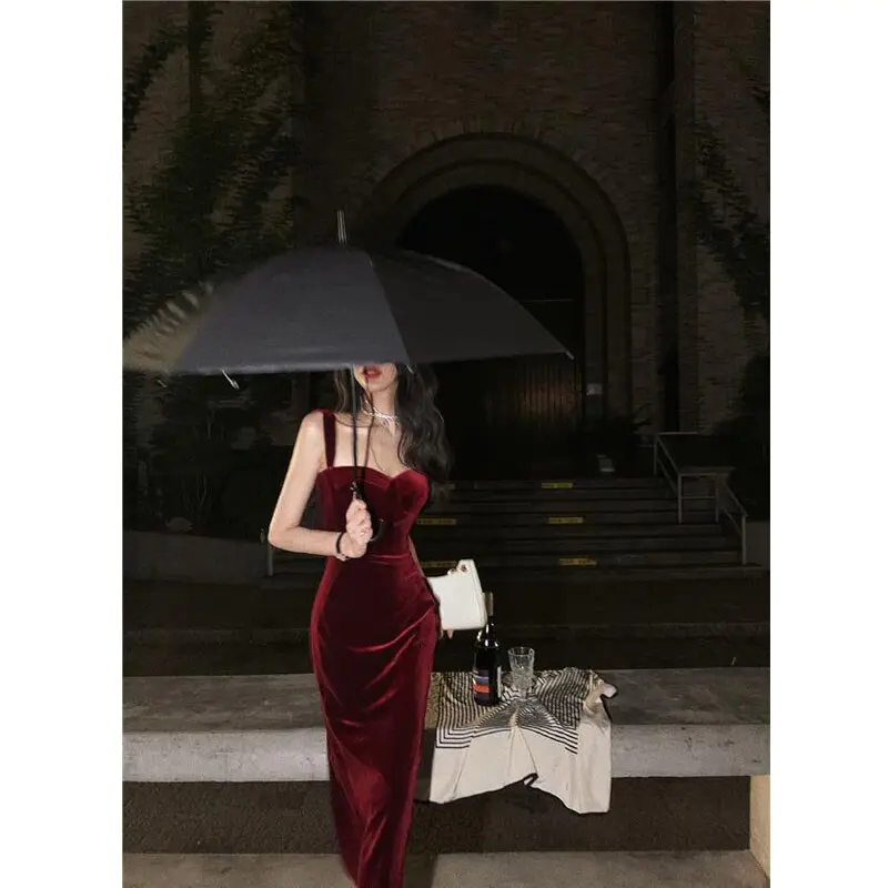 HOUZHOU Red Skims Slip Prom Dress for Women Chic Elegant Vintage Party Evening Dresses Corset Backless Korean Fashion Aesthetic