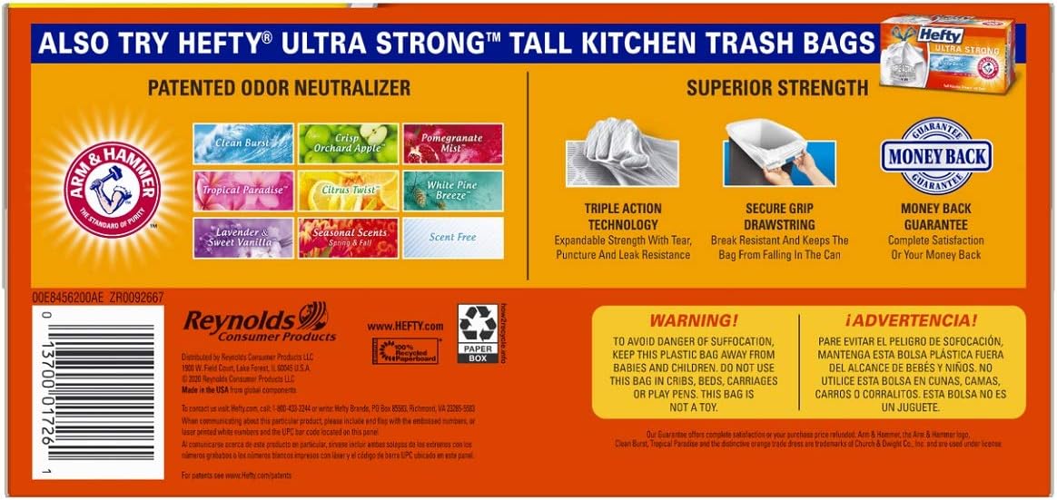 Hefty Strong Tall Kitchen Trash Bags, Unscented, 13 Gallon, 90 Count,  White,Packaging may vary