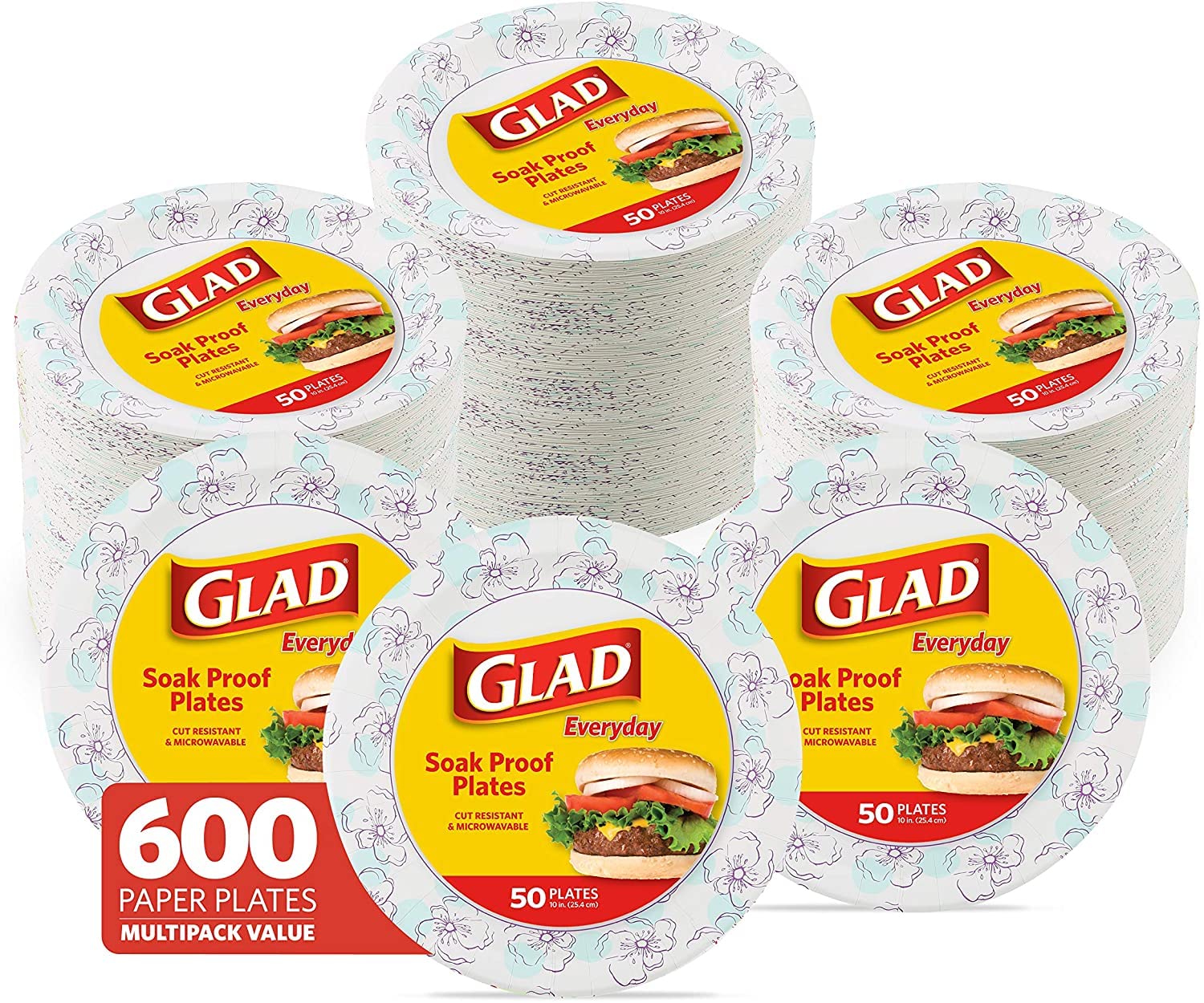 Glad Round Disposable Paper Plates 10 in, Blue Flower, Soak Proof, Cut  Proof, Microwave Safe Heavy Duty Paper Plates 10″