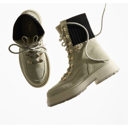 CHANEL | Plain Toe Suede Blended Fabrics Plain Block Heels