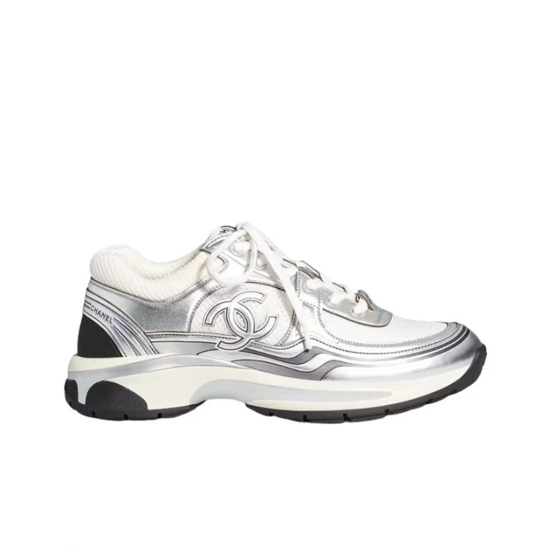 Chanel Leather Logo Low-Top Sneakers Women's White Silver