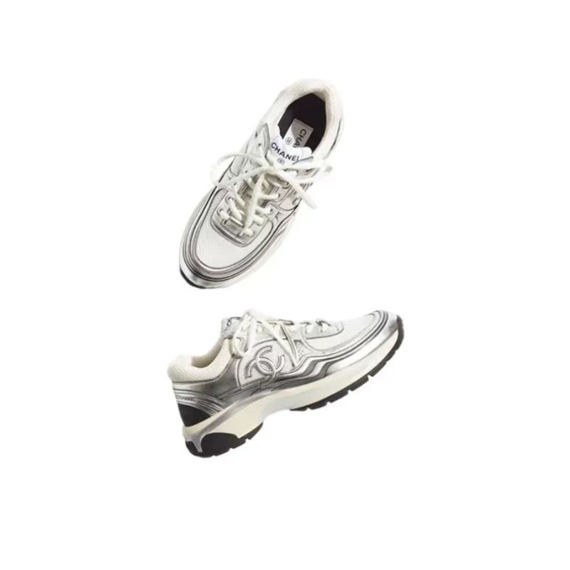 Chanel Leather Logo Low-Top Sneakers Women's White Silver
