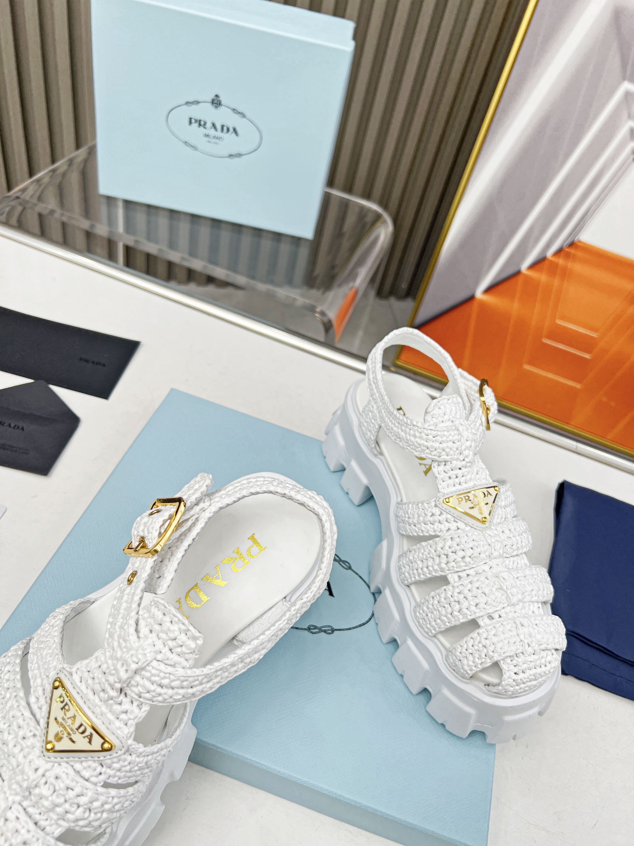 Prada platform sandals, zigzag Roman weave, ultra-light platform sandals