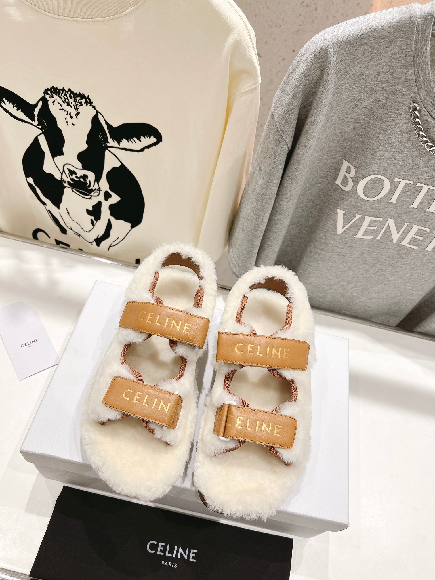 Celine winter shearling platform beach sandals