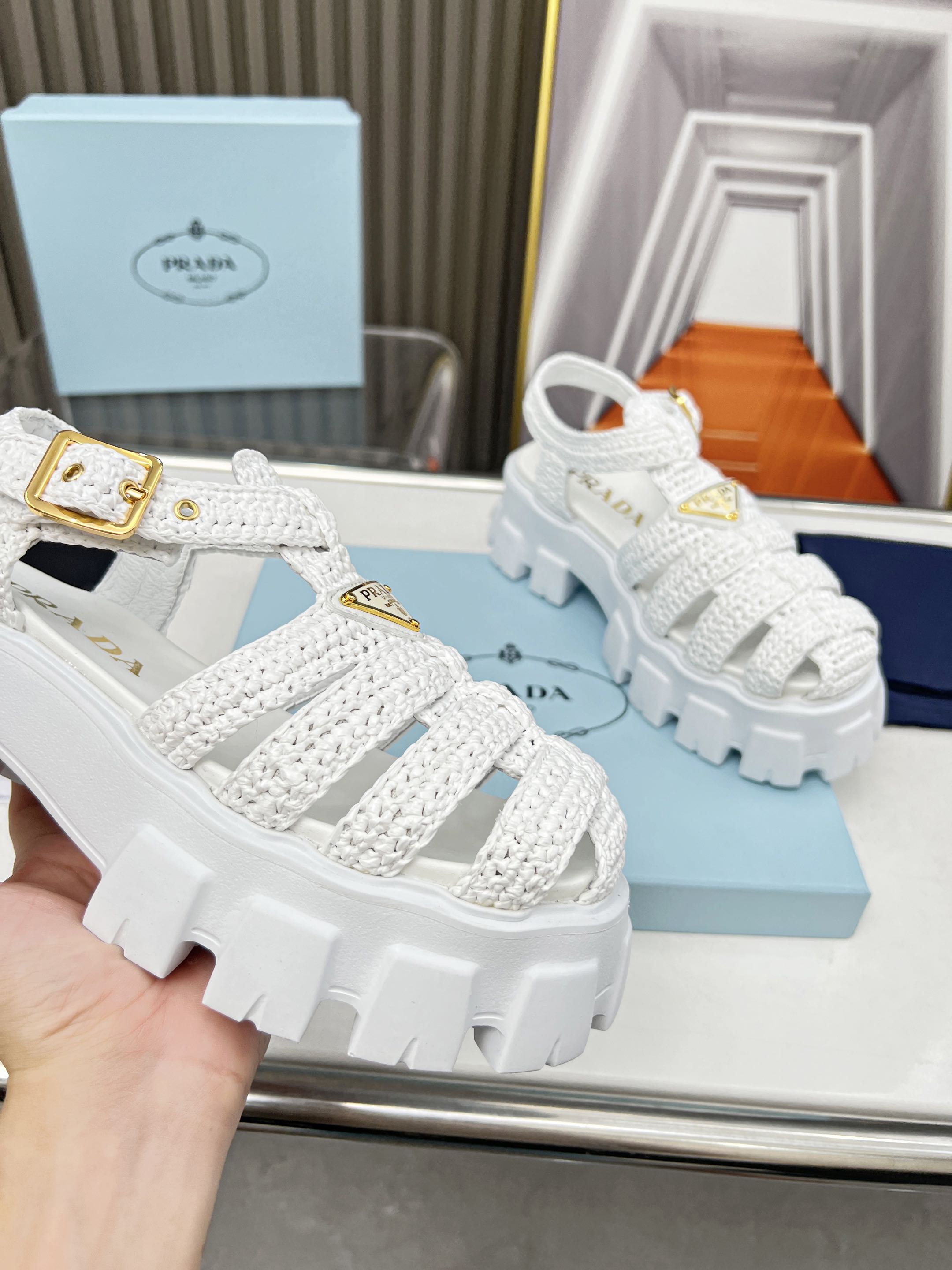 Prada platform sandals, zigzag Roman weave, ultra-light platform sandals