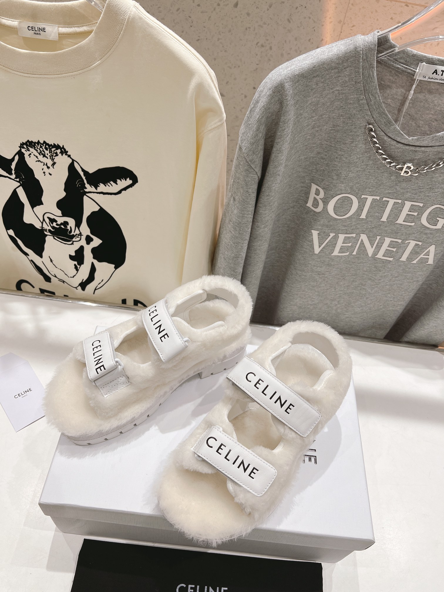 Celine winter shearling platform beach sandals