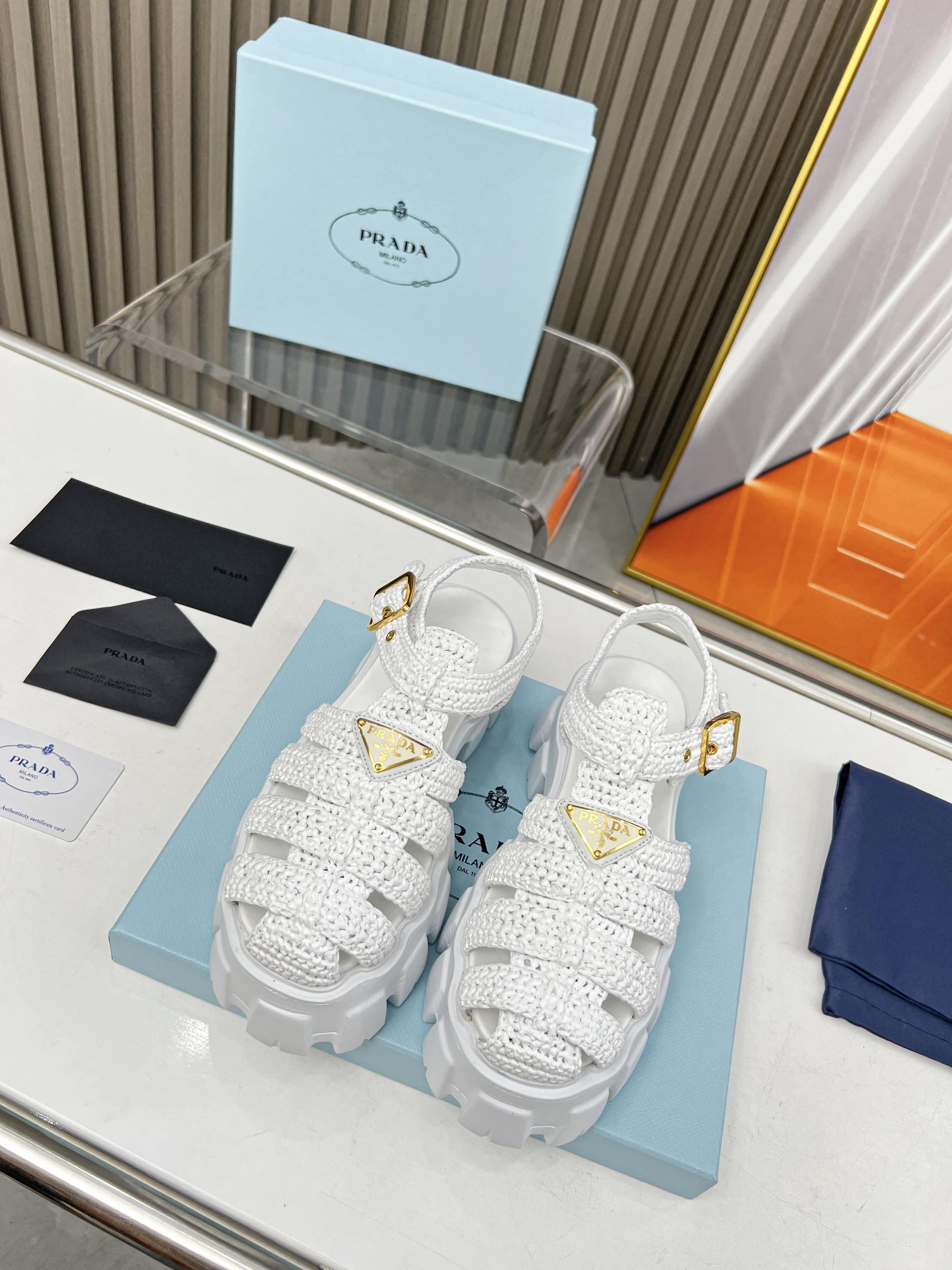 Prada platform sandals, zigzag Roman weave, ultra-light platform sandals