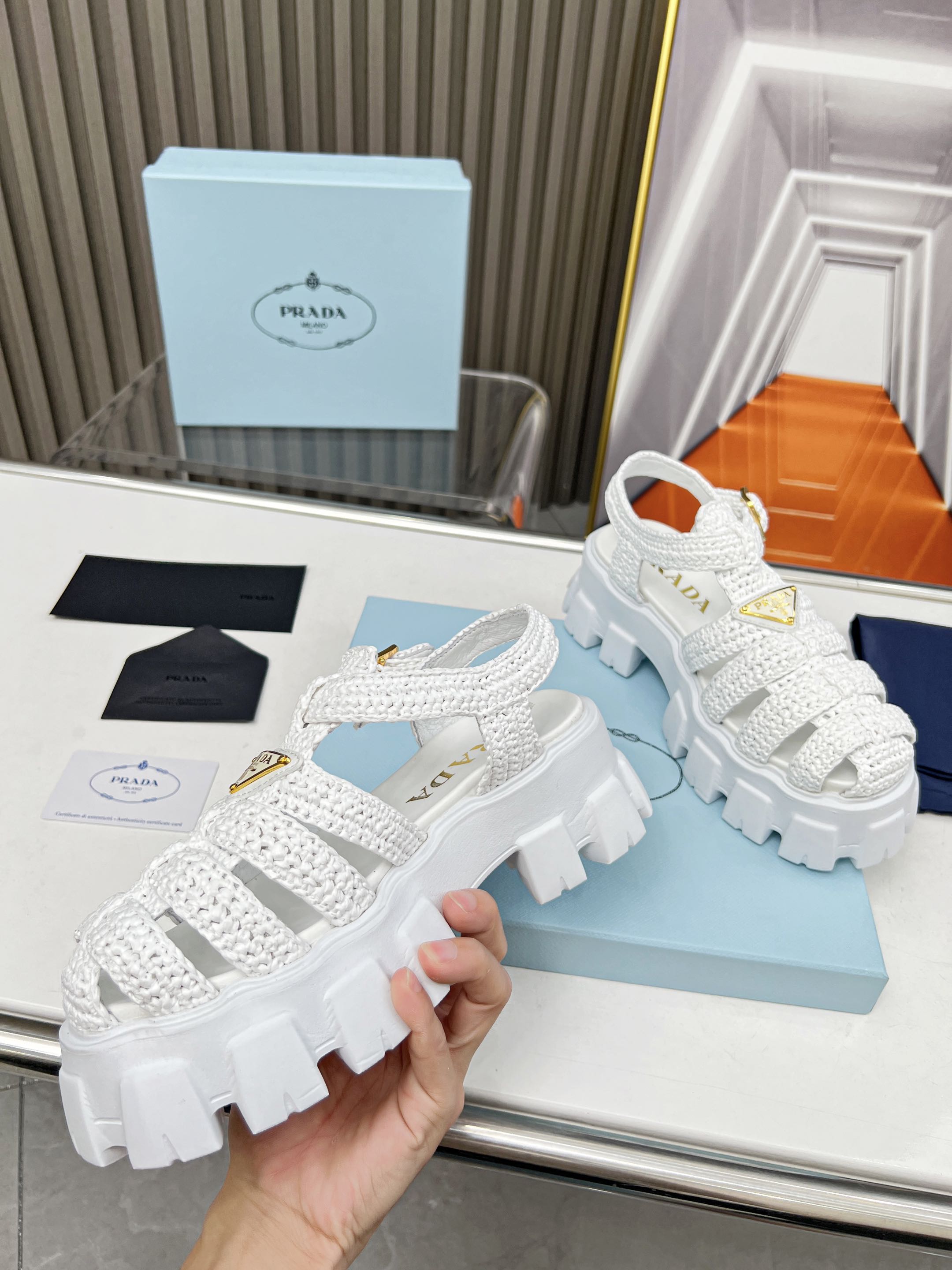 Prada platform sandals, zigzag Roman weave, ultra-light platform sandals