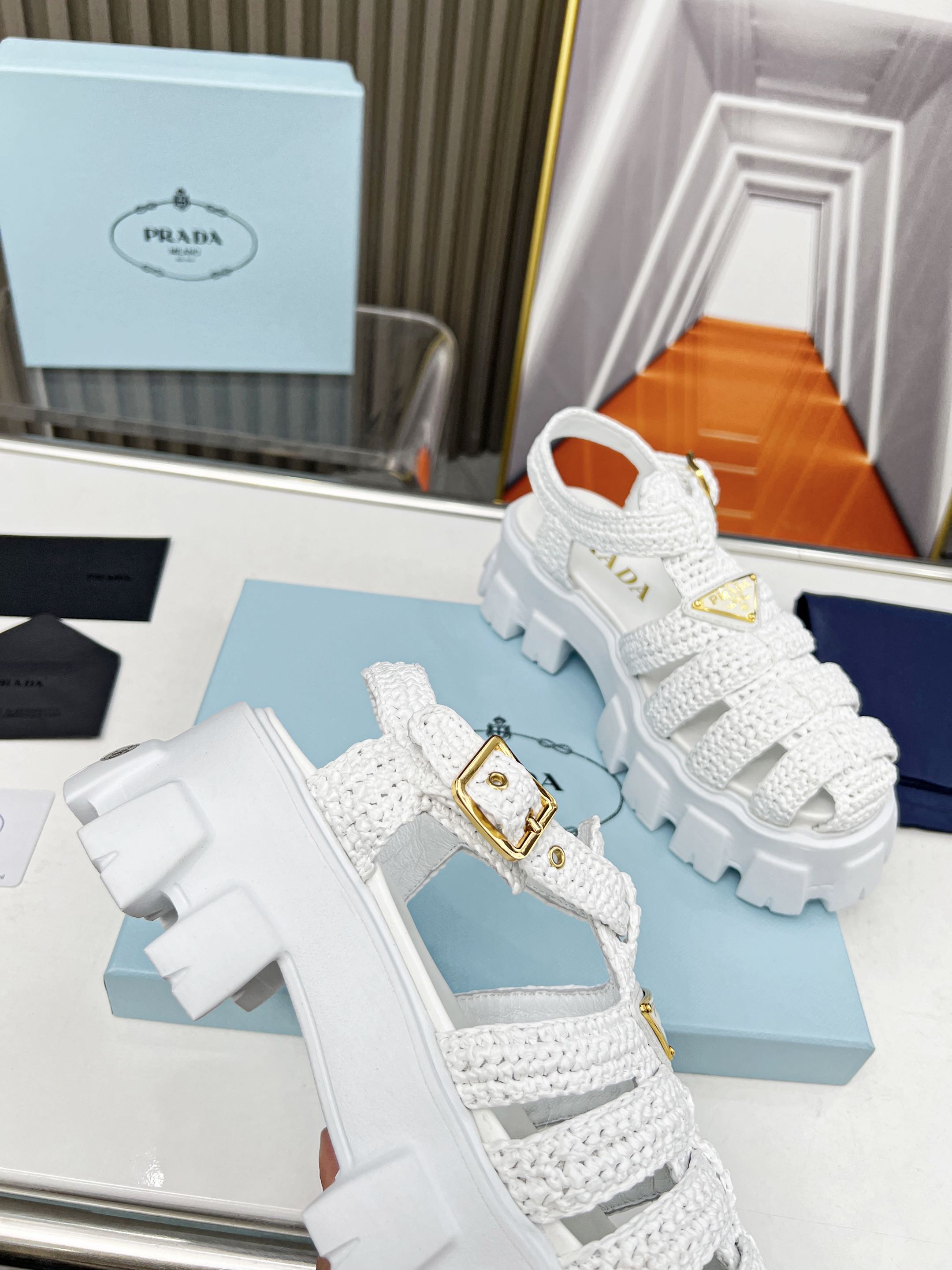 Prada platform sandals, zigzag Roman weave, ultra-light platform sandals
