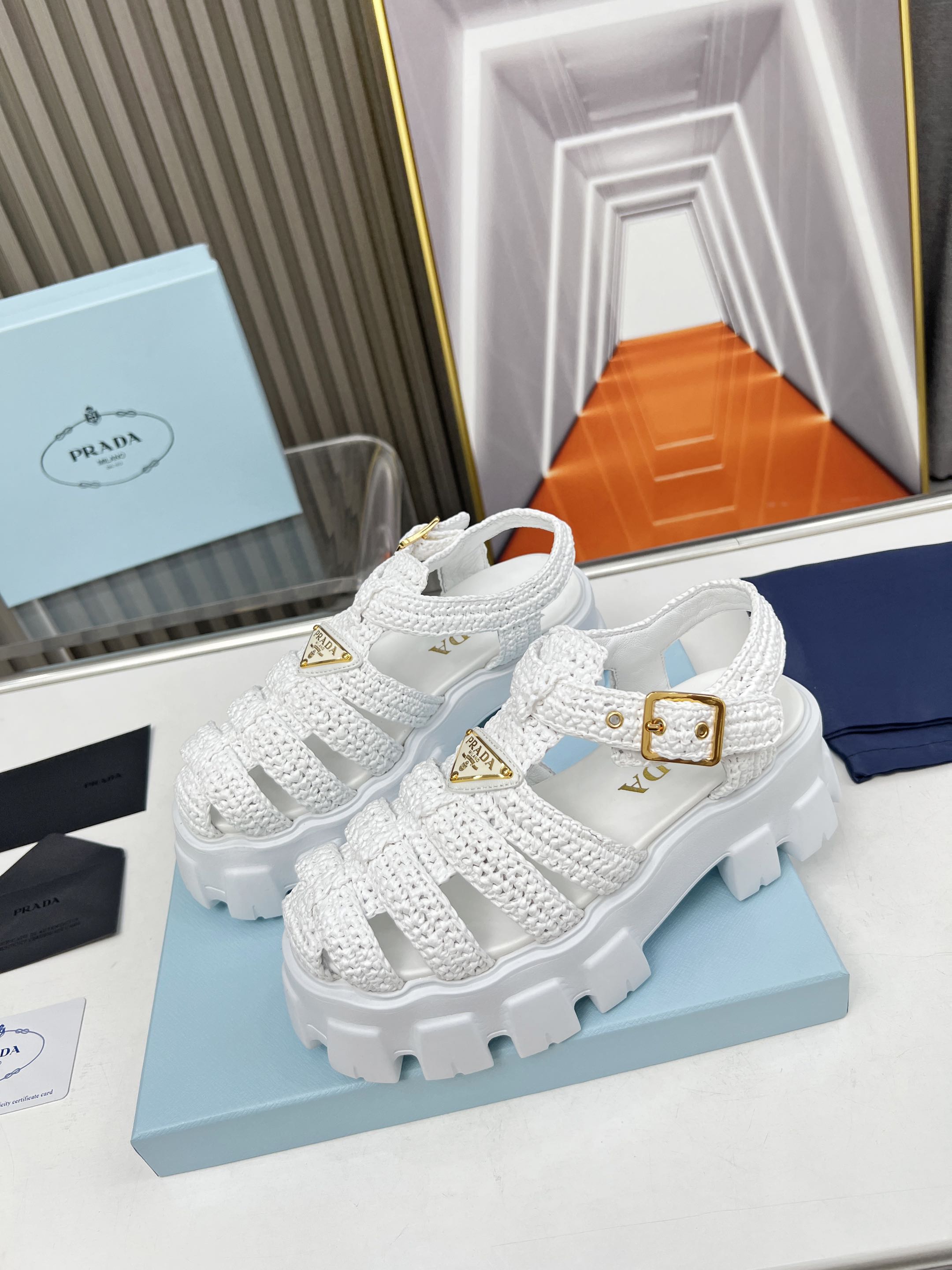 Prada platform sandals, zigzag Roman weave, ultra-light platform sandals