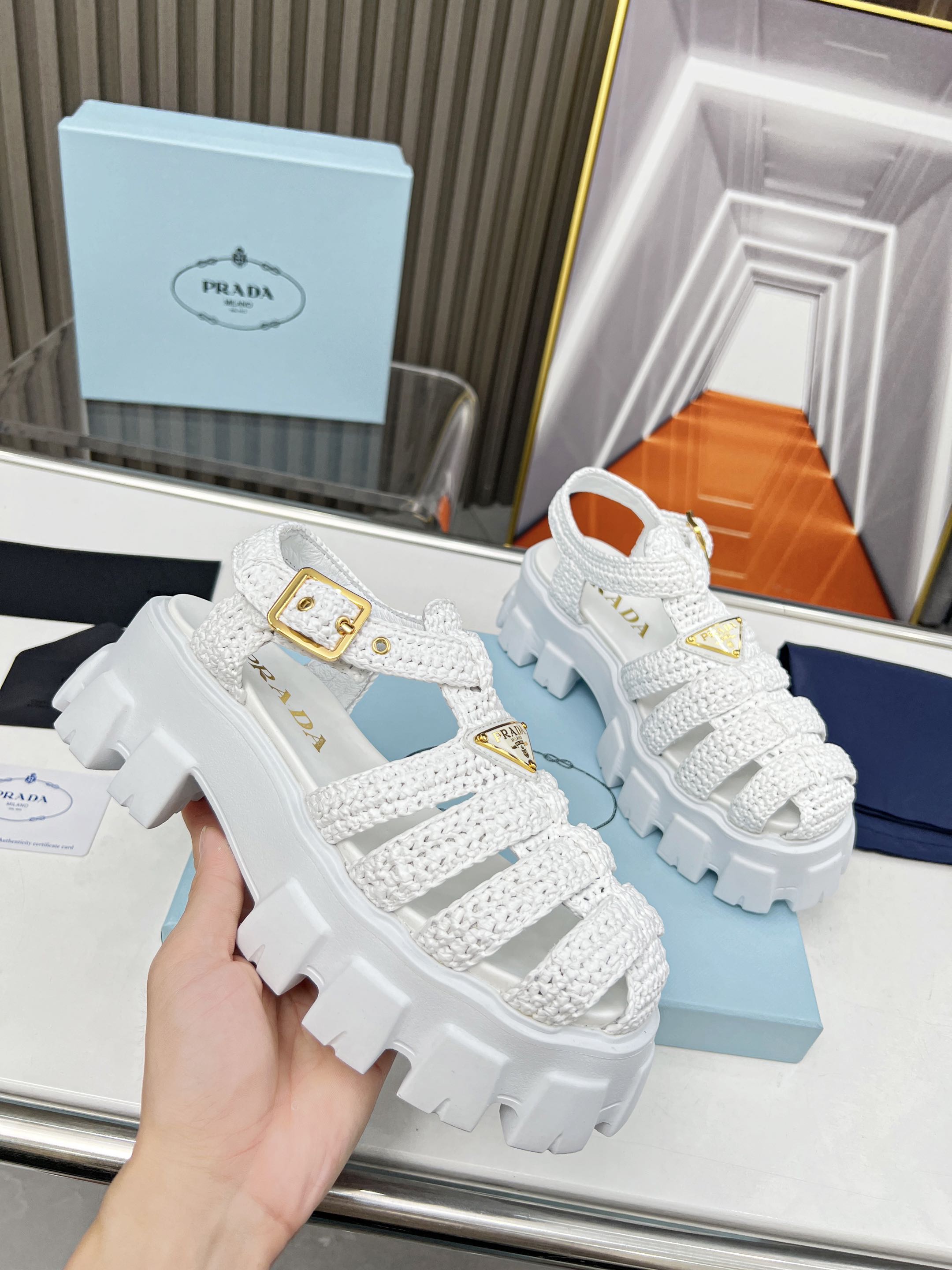 Prada platform sandals, zigzag Roman weave, ultra-light platform sandals