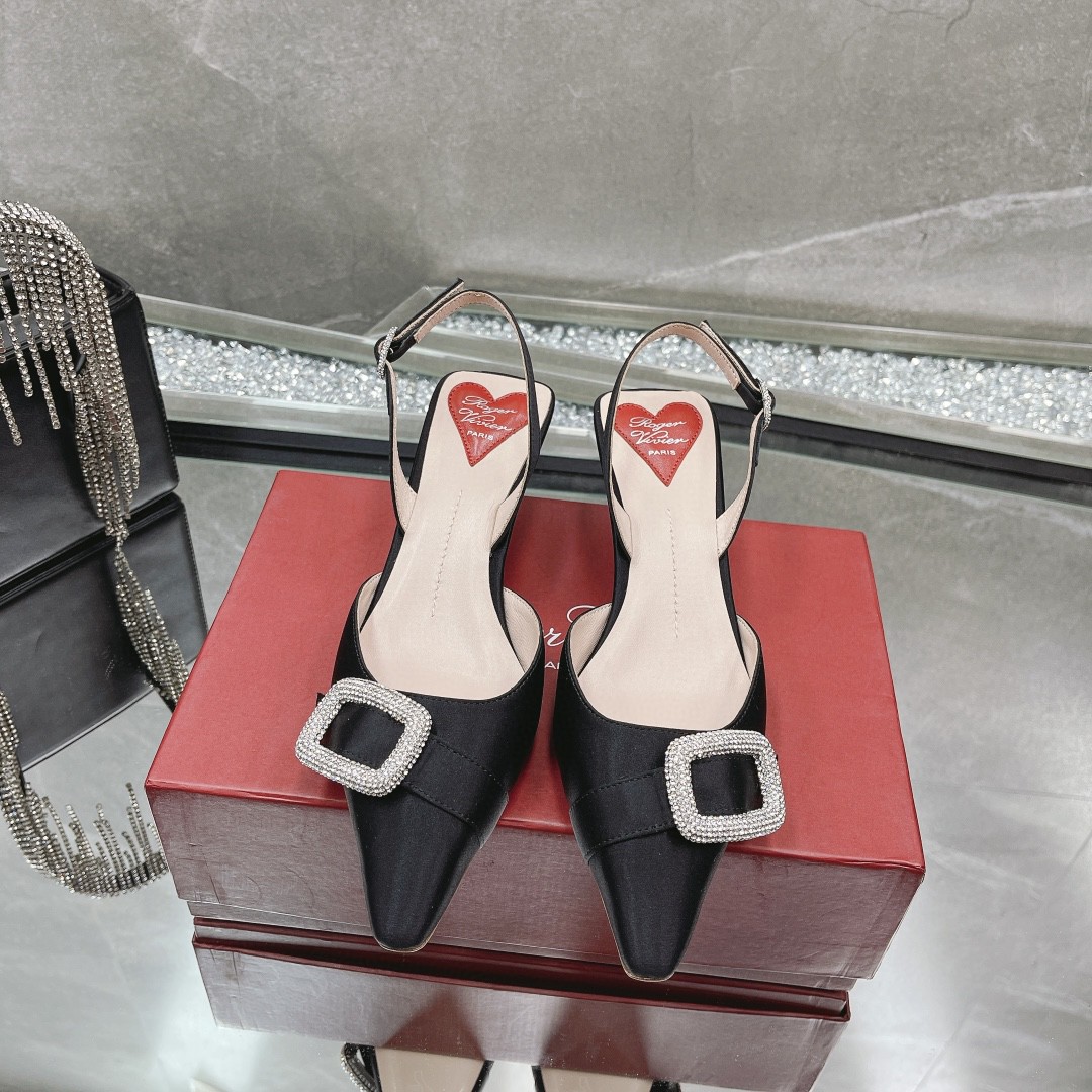 Roger vivor spring and summer silk satin, original diamond-encrusted RV classic diamond buckle heels