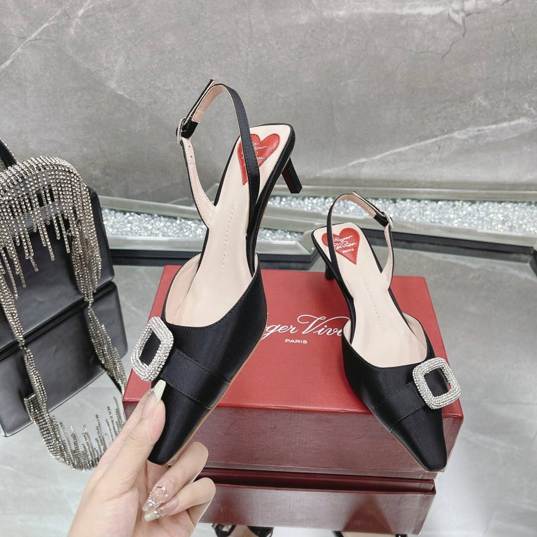 Roger vivor spring and summer silk satin, original diamond-encrusted RV classic diamond buckle heels